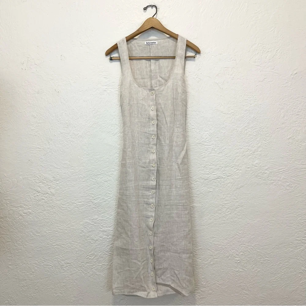 Reformation Grover Linen Dress Beige Oatmeal Midi Maxi Button Front fits XL 12 - Picture 5 of 15
